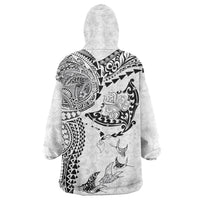 Hawaiian Manta Ray Tribal Wearable Blanket Hoodie Polynesian Art Motifs White Color