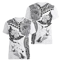 Hawaiian Manta Ray Tribal Women V-Neck T-Shirt Polynesian Art Motifs White Color