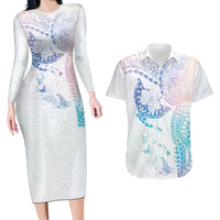 Hawaiian Manta Ray Tribal Couples Matching Long Sleeve Bodycon Dress and Hawaiian Shirt Polynesian Art Motifs Sweet Pastel