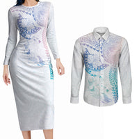Hawaiian Manta Ray Tribal Couples Matching Long Sleeve Bodycon Dress and Long Sleeve Button Shirt Polynesian Art Motifs Sweet Pastel LT03 Multicolor - Polynesian Pride