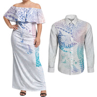 Hawaiian Manta Ray Tribal Couples Matching Off Shoulder Maxi Dress and Long Sleeve Button Shirt Polynesian Art Motifs Sweet Pastel LT03 Multicolor - Polynesian Pride