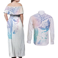 Hawaiian Manta Ray Tribal Couples Matching Off Shoulder Maxi Dress and Long Sleeve Button Shirt Polynesian Art Motifs Sweet Pastel LT03 - Polynesian Pride