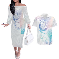 Hawaiian Manta Ray Tribal Couples Matching Off The Shoulder Long Sleeve Dress and Hawaiian Shirt Polynesian Art Motifs Sweet Pastel LT03 Multicolor - Polynesian Pride