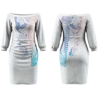 Hawaiian Manta Ray Tribal Couples Matching Off The Shoulder Long Sleeve Dress and Hawaiian Shirt Polynesian Art Motifs Sweet Pastel LT03 - Polynesian Pride