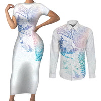 Hawaiian Manta Ray Tribal Couples Matching Short Sleeve Bodycon Dress and Long Sleeve Button Shirt Polynesian Art Motifs Sweet Pastel LT03 Multicolor - Polynesian Pride