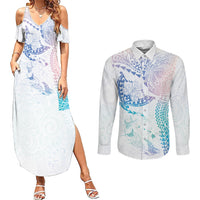 Hawaiian Manta Ray Tribal Couples Matching Summer Maxi Dress and Long Sleeve Button Shirt Polynesian Art Motifs Sweet Pastel LT03 Multicolor - Polynesian Pride