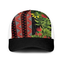 Maori Tukutuku Baseball Net Cap with Ferns Pohutukawa and Kowhai Tribal Moko Patterns LT03 One Size White Multicolor - Polynesian Pride