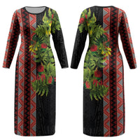 Maori Tukutuku Couples Matching Long Sleeve Bodycon Dress and Hawaiian Shirt with Ferns Pohutukawa and Kowhai Tribal Moko Patterns LT03 - Polynesian Pride