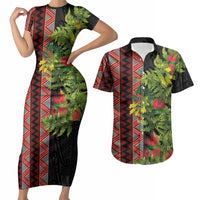 Maori Tukutuku Couples Matching Short Sleeve Bodycon Dress and Hawaiian Shirt with Ferns Pohutukawa and Kowhai Tribal Moko Patterns LT03 Multicolor - Polynesian Pride