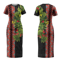Maori Tukutuku Couples Matching Short Sleeve Bodycon Dress and Hawaiian Shirt with Ferns Pohutukawa and Kowhai Tribal Moko Patterns LT03 - Polynesian Pride
