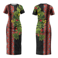 Maori Tukutuku Couples Matching Short Sleeve Bodycon Dress and Hawaiian Shirt with Ferns Pohutukawa and Kowhai Tribal Moko Patterns LT03 - Polynesian Pride