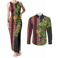 Maori Tukutuku Couples Matching Tank Maxi Dress and Long Sleeve Button Shirt with Ferns Pohutukawa and Kowhai Tribal Moko Patterns LT03 Multicolor - Polynesian Pride