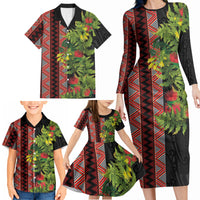 Maori Tukutuku Family Matching Long Sleeve Bodycon Dress and Hawaiian Shirt with Ferns Pohutukawa and Kowhai Tribal Moko Patterns LT03 - Polynesian Pride