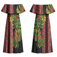 Maori Tukutuku Family Matching Off Shoulder Maxi Dress and Hawaiian Shirt with Ferns Pohutukawa and Kowhai Tribal Moko Patterns LT03 Mom's Dress Multicolor - Polynesian Pride