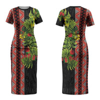 Maori Tukutuku Family Matching Short Sleeve Bodycon Dress and Hawaiian Shirt with Ferns Pohutukawa and Kowhai Tribal Moko Patterns LT03 Mom's Dress Multicolor - Polynesian Pride