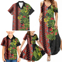 Maori Tukutuku Family Matching Summer Maxi Dress and Hawaiian Shirt with Ferns Pohutukawa and Kowhai Tribal Moko Patterns LT03 - Polynesian Pride