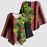 Maori Tukutuku Kimono Sleeve Blouse with Ferns Pohutukawa and Kowhai Tribal Moko Patterns