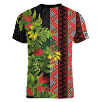 Maori Tukutuku Women V-Neck T-Shirt with Ferns Pohutukawa and Kowhai Tribal Moko Patterns