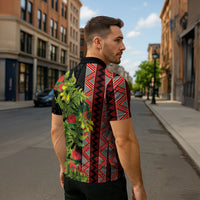 Maori Tukutuku Zipper Polo Shirt with Ferns Pohutukawa and Kowhai Tribal Moko Patterns