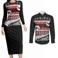 New Zealand Christmas Couples Matching Long Sleeve Bodycon Dress and Long Sleeve Button Shirt Funny Santa Claus Haka Dance with Tukutuku LT03 Multicolor - Polynesian Pride