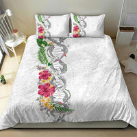 Hawaii DNA Kakau Tattoo Bedding Set with Plumeria and Hibiscus Tropical Plants White Color