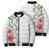 Hawaii DNA Kakau Tattoo Bomber Puffer Jacket with Plumeria and Hibiscus Tropical Plants White Color