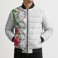 Hawaii DNA Kakau Tattoo Bomber Puffer Jacket with Plumeria and Hibiscus Tropical Plants White Color