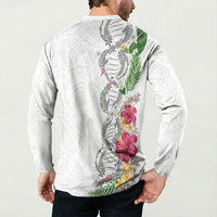 Hawaii DNA Kakau Tattoo Button Sweatshirt with Plumeria and Hibiscus Tropical Plants White Color