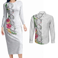 Hawaii DNA Kakau Tattoo Couples Matching Long Sleeve Bodycon Dress and Long Sleeve Button Shirt with Plumeria and Hibiscus Tropical Plants White Color LT03 White - Polynesian Pride