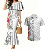 Hawaii DNA Kakau Tattoo Couples Matching Mermaid Dress and Hawaiian Shirt with Plumeria and Hibiscus Tropical Plants White Color LT03 White - Polynesian Pride