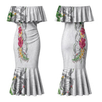 Hawaii DNA Kakau Tattoo Couples Matching Mermaid Dress and Hawaiian Shirt with Plumeria and Hibiscus Tropical Plants White Color LT03 - Polynesian Pride