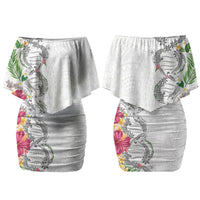 Hawaii DNA Kakau Tattoo Couples Matching Off Shoulder Short Dress and Hawaiian Shirt with Plumeria and Hibiscus Tropical Plants White Color LT03 - Polynesian Pride