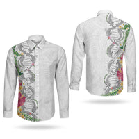 Hawaii DNA Kakau Tattoo Couples Matching Off The Shoulder Long Sleeve Dress and Long Sleeve Button Shirt with Plumeria and Hibiscus Tropical Plants White Color LT03 - Polynesian Pride