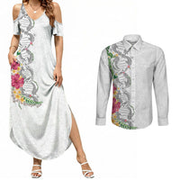 Hawaii DNA Kakau Tattoo Couples Matching Summer Maxi Dress and Long Sleeve Button Shirt with Plumeria and Hibiscus Tropical Plants White Color