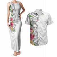 Hawaii DNA Kakau Tattoo Couples Matching Tank Maxi Dress and Hawaiian Shirt with Plumeria and Hibiscus Tropical Plants White Color LT03 White - Polynesian Pride