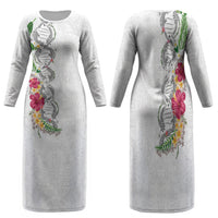 Hawaii DNA Kakau Tattoo Family Matching Long Sleeve Bodycon Dress and Hawaiian Shirt with Plumeria and Hibiscus Tropical Plants White Color LT03 Mom's Dress White - Polynesian Pride