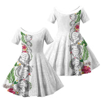 Hawaii DNA Kakau Tattoo Family Matching Long Sleeve Bodycon Dress and Hawaiian Shirt with Plumeria and Hibiscus Tropical Plants White Color LT03 Daughter's Dress White - Polynesian Pride