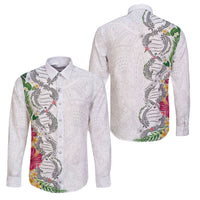 Hawaii DNA Kakau Tattoo Family Matching Puletasi and Hawaiian Shirt with Plumeria and Hibiscus Tropical Plants White Color LT03 Dad's Shirt - Long Sleeve White - Polynesian Pride