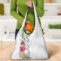Hawaii DNA Kakau Tattoo Grocery Bag with Plumeria and Hibiscus Tropical Plants White Color LT03 - Polynesian Pride
