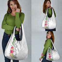 Hawaii DNA Kakau Tattoo Grocery Bag with Plumeria and Hibiscus Tropical Plants White Color LT03 - Polynesian Pride