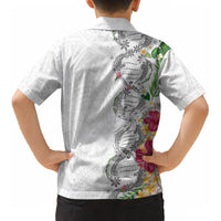 Hawaii DNA Kakau Tattoo Kid Hawaiian Shirt with Plumeria and Hibiscus Tropical Plants White Color
