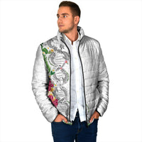 Hawaii DNA Kakau Tattoo Padded Jacket with Plumeria and Hibiscus Tropical Plants White Color