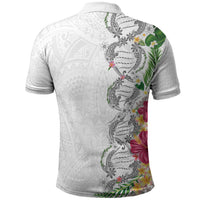 Hawaii DNA Kakau Tattoo Polo Shirt with Plumeria and Hibiscus Tropical Plants White Color
