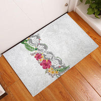 Hawaii DNA Kakau Tattoo Rubber Doormat with Plumeria and Hibiscus Tropical Plants White Color LT03 - Polynesian Pride