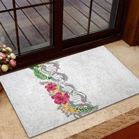 Hawaii DNA Kakau Tattoo Rubber Doormat with Plumeria and Hibiscus Tropical Plants White Color LT03 - Polynesian Pride