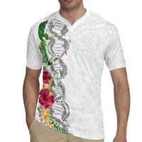 Hawaii DNA Kakau Tattoo Rugby Jersey with Plumeria and Hibiscus Tropical Plants White Color