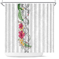 Hawaii DNA Kakau Tattoo Shower Curtain with Plumeria and Hibiscus Tropical Plants White Color LT03 White - Polynesian Pride
