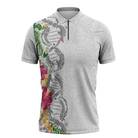 Hawaii DNA Kakau Tattoo Zipper Polo Shirt with Plumeria and Hibiscus Tropical Plants White Color LT03 White - Polynesian Pride