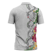 Hawaii DNA Kakau Tattoo Zipper Polo Shirt with Plumeria and Hibiscus Tropical Plants White Color LT03 - Polynesian Pride