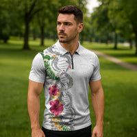 Hawaii DNA Kakau Tattoo Zipper Polo Shirt with Plumeria and Hibiscus Tropical Plants White Color LT03 - Polynesian Pride